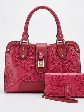 Madi Claire Women's Red Embossed Leather Satchel and Wallet Set
